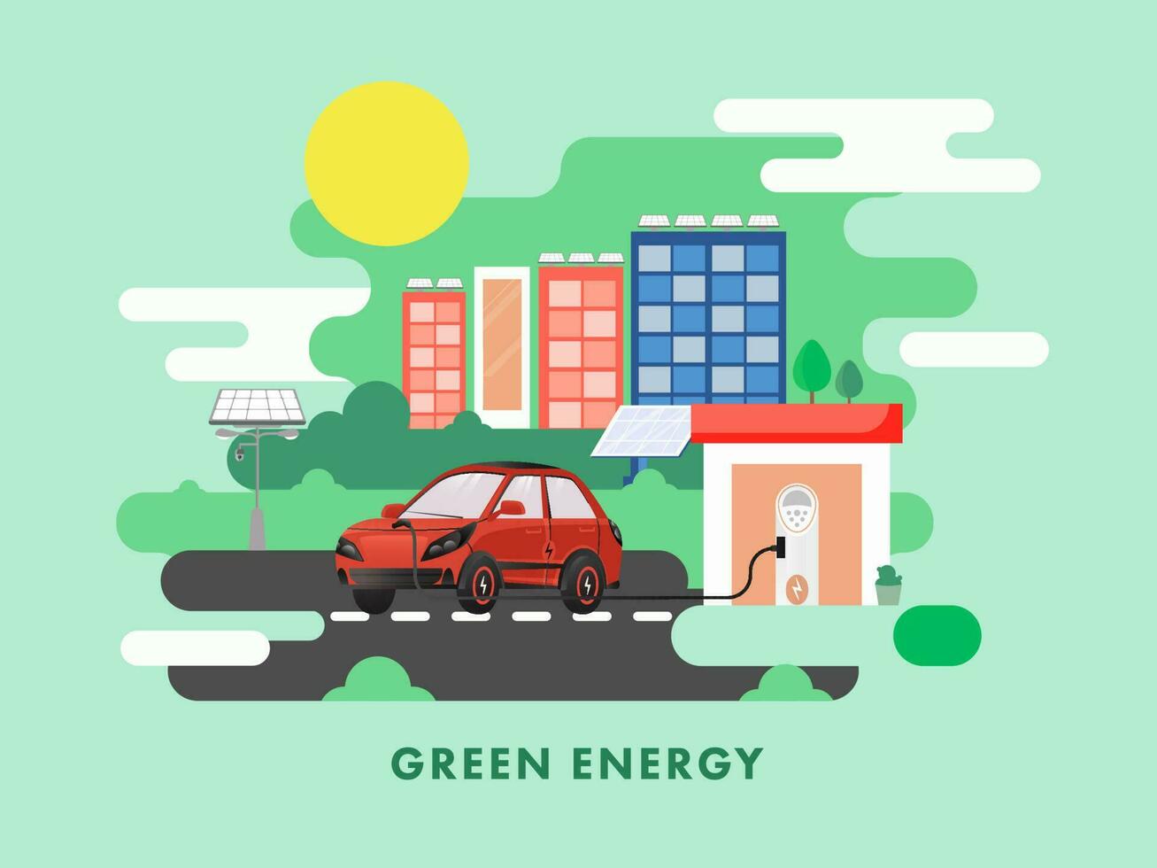 Vector Illustration Of Electric Car Charging At Station With Solar Panels, Buildings And Sun On Green Background For Renewable Energy Or E-Mobility.