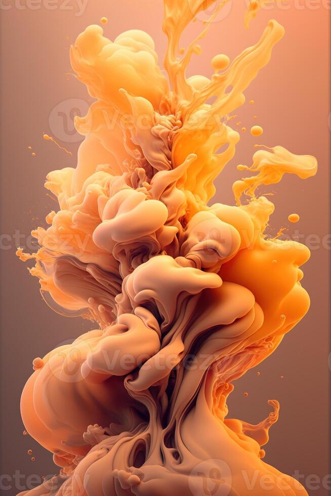 , Flowing light apricot crush smoke with splashes. Soft fluid banner, spring female mood, 3D effect, modern macro realistic abstract vertical background, ink in water effect.. photo