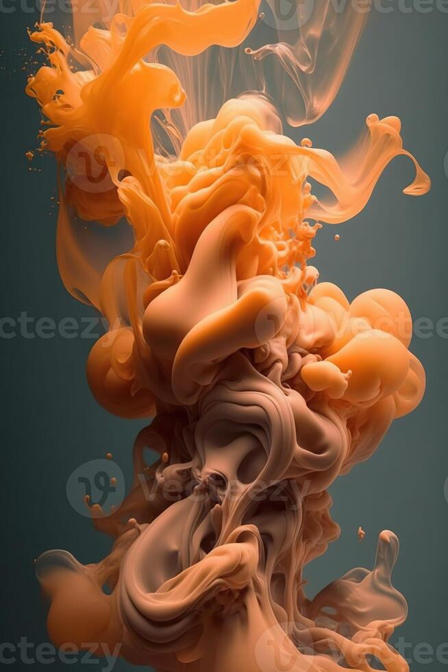 , Flowing light apricot crush smoke with splashes. Soft fluid banner, spring female mood, 3D effect, modern macro realistic abstract vertical background, ink in water effect.. photo