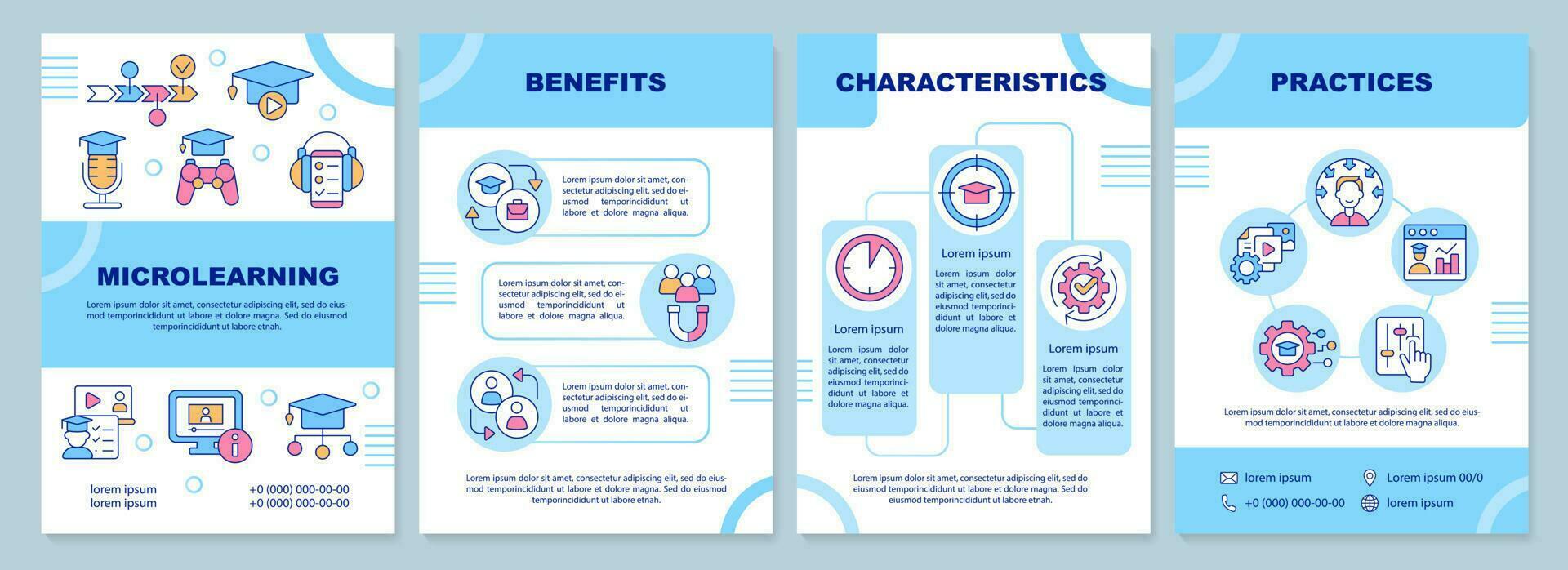 Microlearning blue brochure template. Characteristics. Leaflet design with linear icons. Editable 4 vector layouts for presentation, annual reports