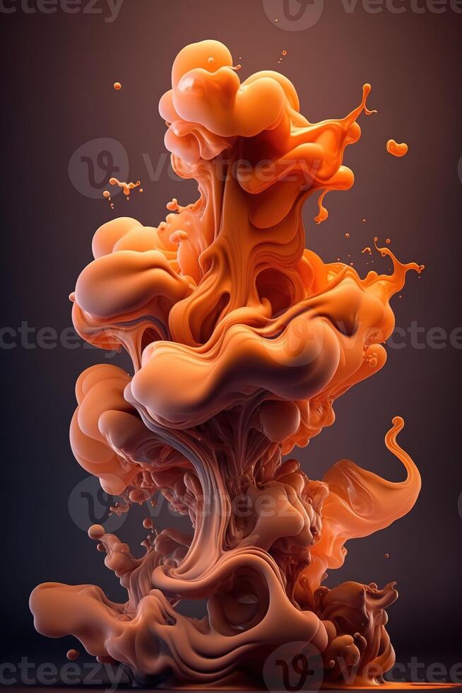 , Flowing light apricot crush smoke with splashes. Soft fluid banner, spring female mood, 3D effect, modern macro realistic abstract vertical background, ink in water effect.. photo