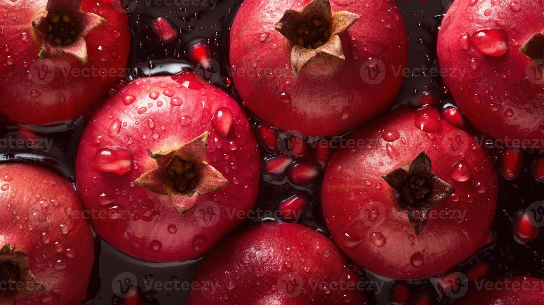 , Macro Fresh Juicy half and whole of pomegranate fruit background as pattern. Closeup photo with drops of water
