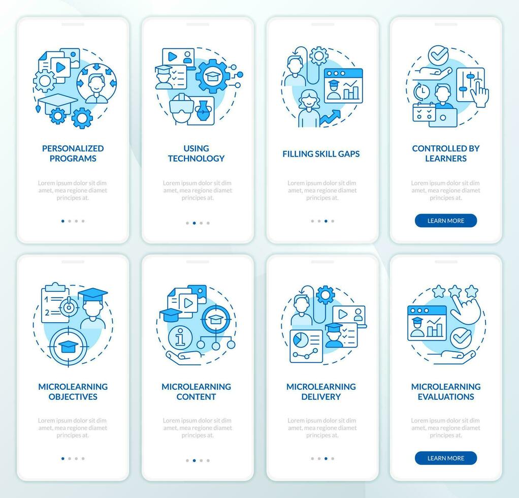 Microlearning-based training blue onboarding mobile app screen set. Walkthrough 4 steps editable graphic instructions with linear concepts. UI, UX, GUI template vector