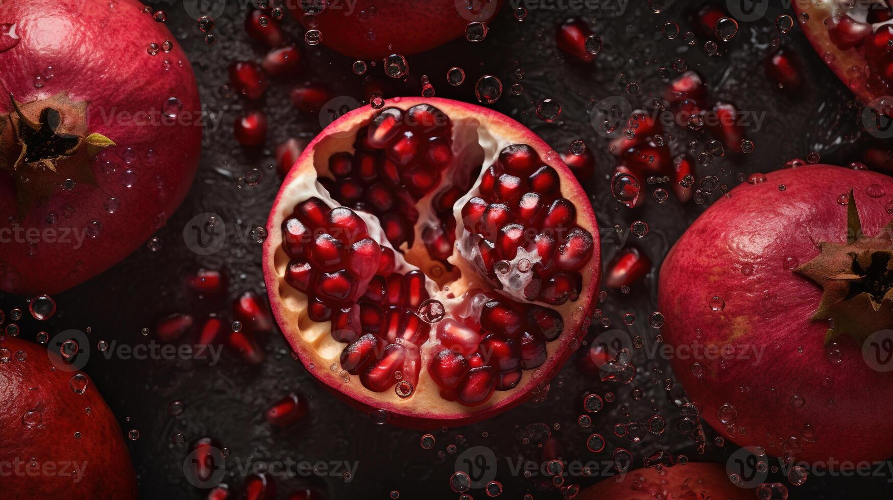 , Macro Fresh Juicy half and whole of pomegranate fruit background as pattern. Closeup photo with drops of water