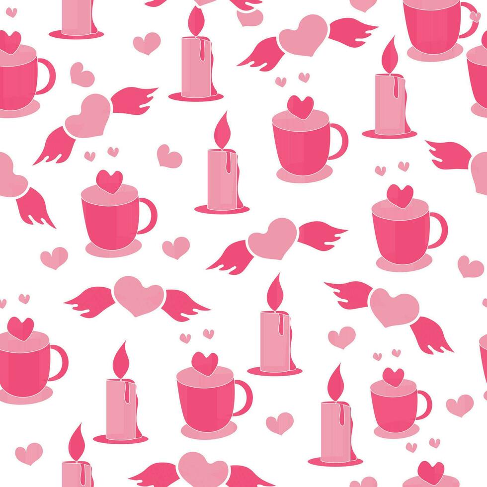 Repeat-less Love Angel With Cup, Lit Candles On White Background. vector