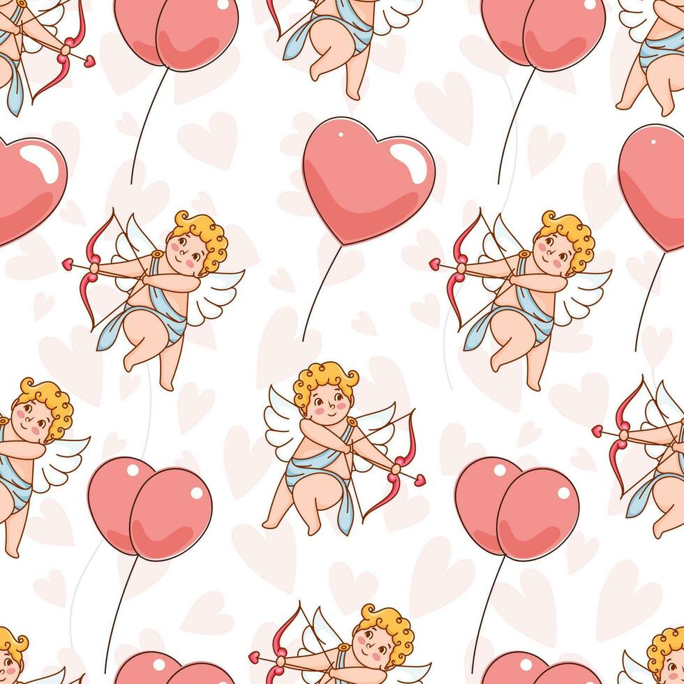 Repeat-less Cartoon Cupid With Balloons On White Heart Pattern Background. vector