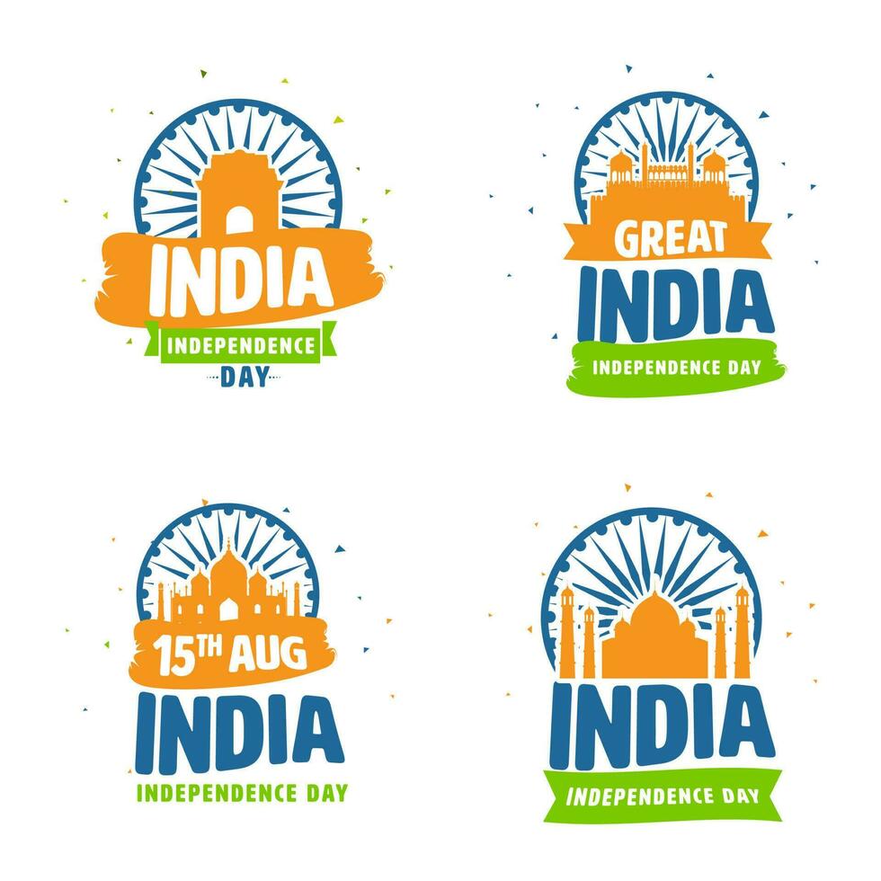 15th Aug, India Independence Day Concept With Ashoka Wheel And Famous Monument On White Background. vector