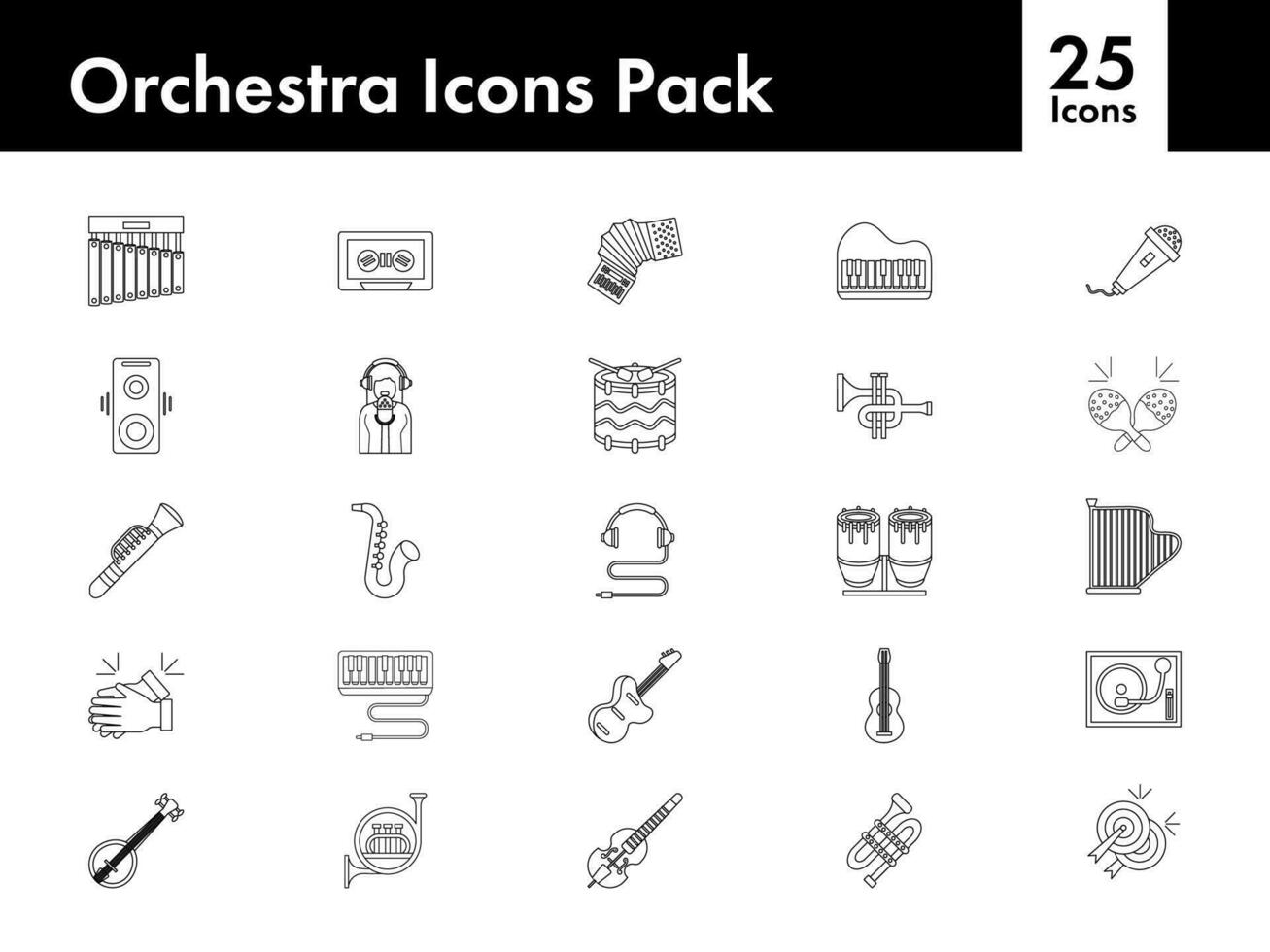 Black Line Art Set of Orchestra Icon In Flat Style. vector