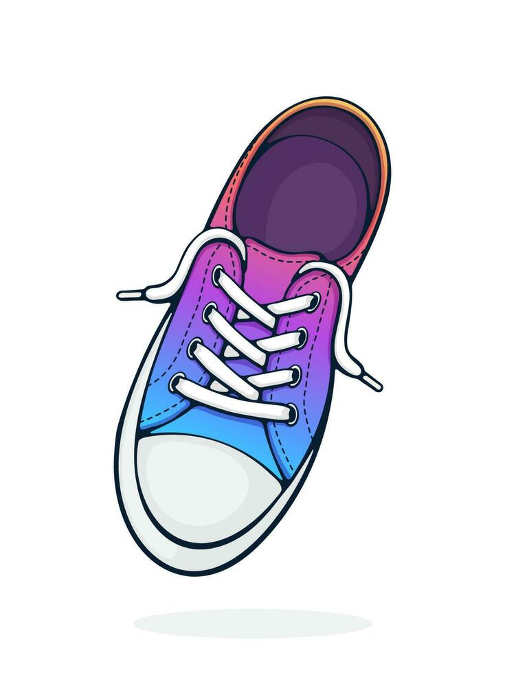 Illustration of one rainbow textile sneaker with rubber toe and loose lacing. Hand drawn print with contour. Shoes of modern teenagers skaters. Isolated on white background vector