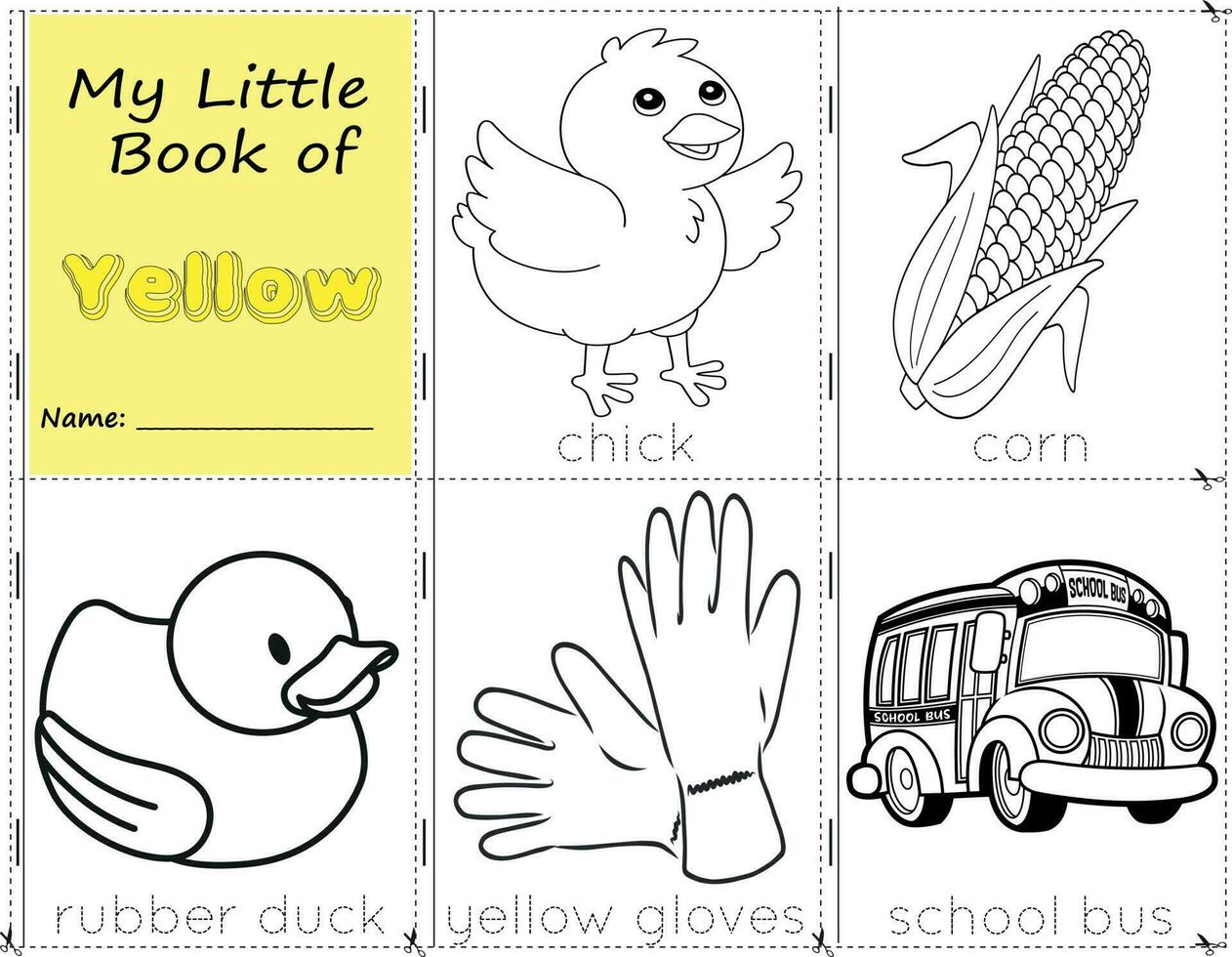 mi pequeño libro de amarillo color objetos amarillo a pintar ellos como ellos son en real vida. educación hoja de cálculo para niños pollito, maíz, caucho pato, amarillo guantes, colegio autobús vector