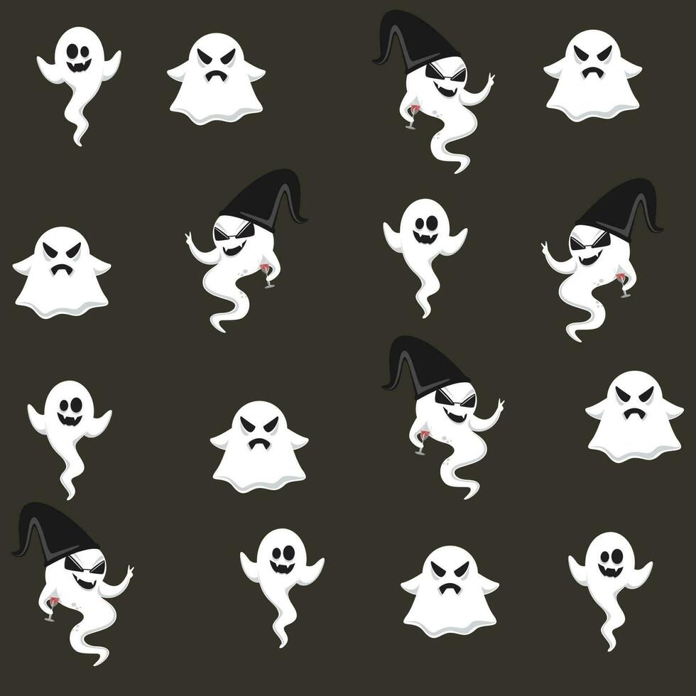 Repeat-less Cartoon Ghosts Pattern Background In Black And White Color. vector