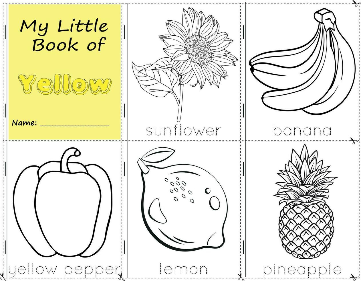 My Little Book of Yellow Color objects yellow to paint them as they are in real life. Education worksheet for children.sunflower, banana, pepper, lemon, and pineapple vector