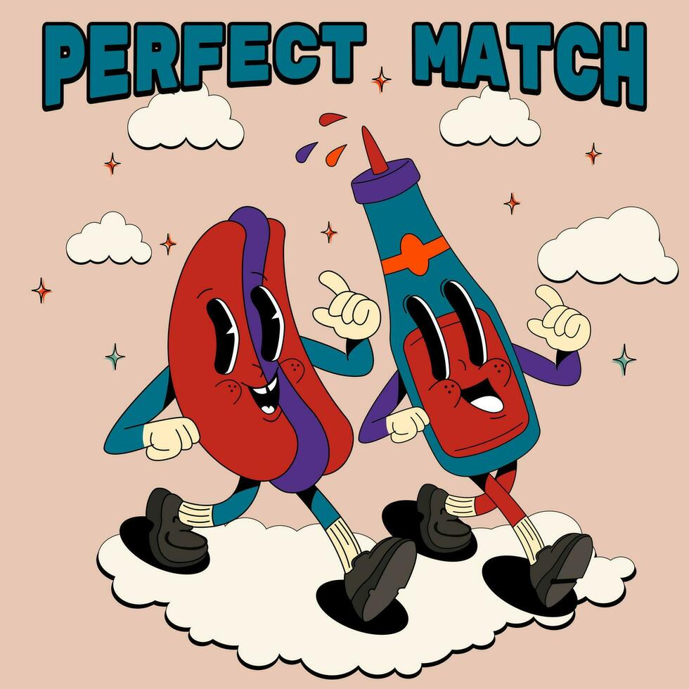 perfect match. Psychedelic, groovy retro cartoon hot dog and ketchup character. Funny faces with vibrant colors. Crazy vector illustration.