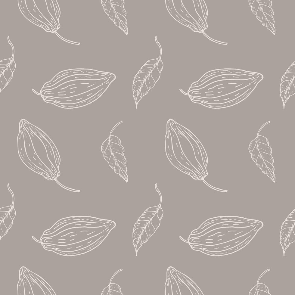 Seamless pattern with cocoa fruits and cocoa plant on a gray background. A lot of cacao, repeating background, ornament. Hand drawn.Boho chic style. Packaging, textiles, polygraph, printing.Vector vector