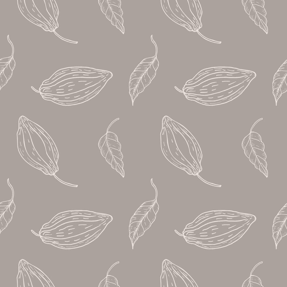 Seamless pattern with cocoa fruits and cocoa plant on a gray background. A lot of cacao, repeating background, ornament. Hand drawn.Boho chic style. Packaging, textiles, polygraph, printing.Vector vector