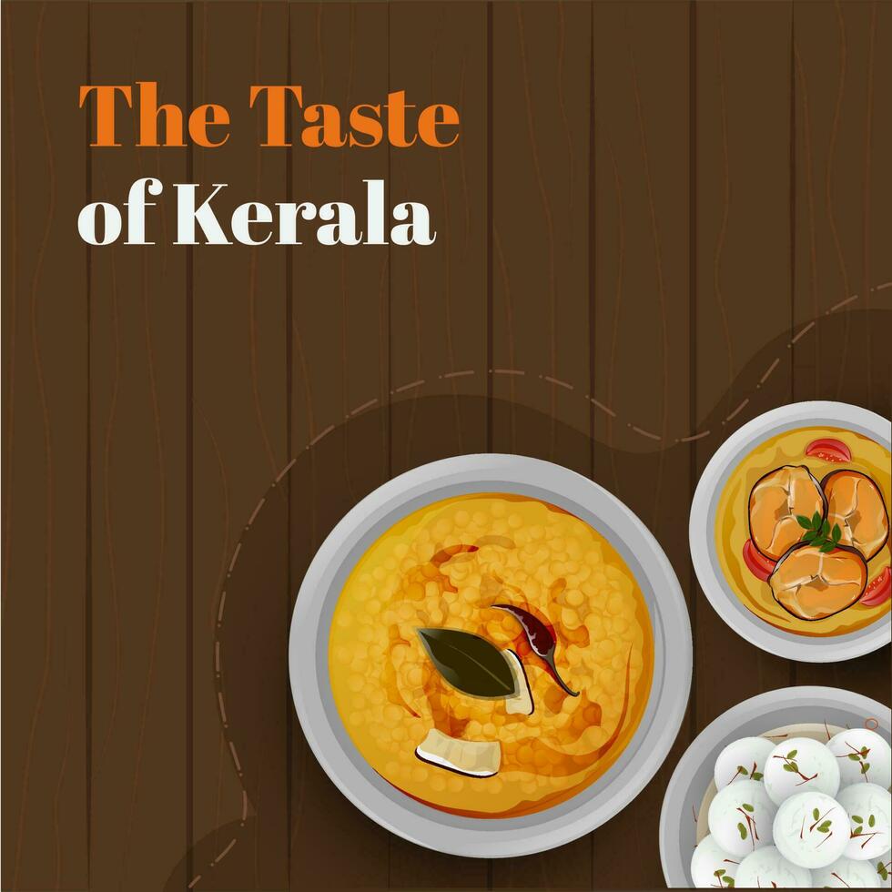 Top View Of Kerala Food Or Dishes On Brown Wooden Background. vector