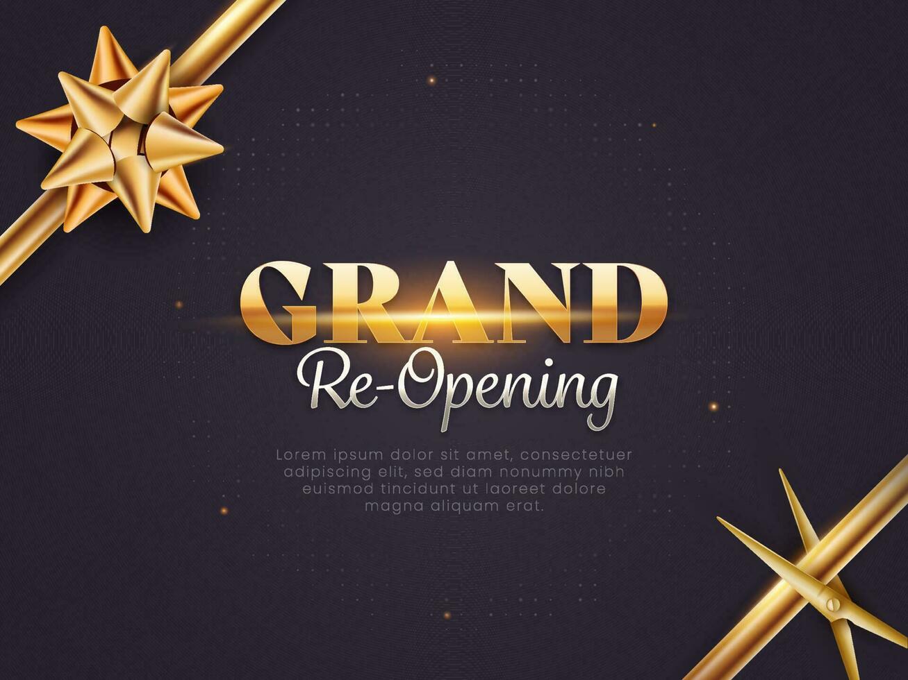 Grand Re-Opening Invitation Poster Layout With Golden Flower Ribbon And Scissor On Dark Puprle Background. vector
