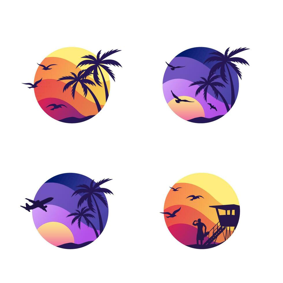 Four Vector Graphics with sunset, birds, lifeguard, palms and plane. Travel Composition