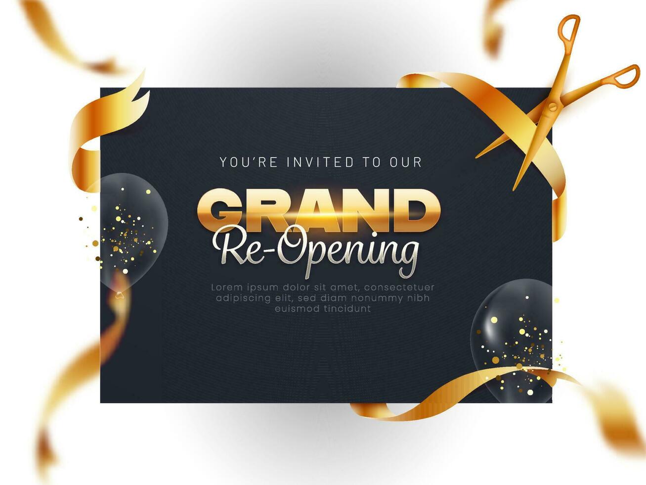 Grand Re-Opening Invitation Template With Golden Scissor Cutting Ribbon And Transparent Balloons Decorated Background. vector