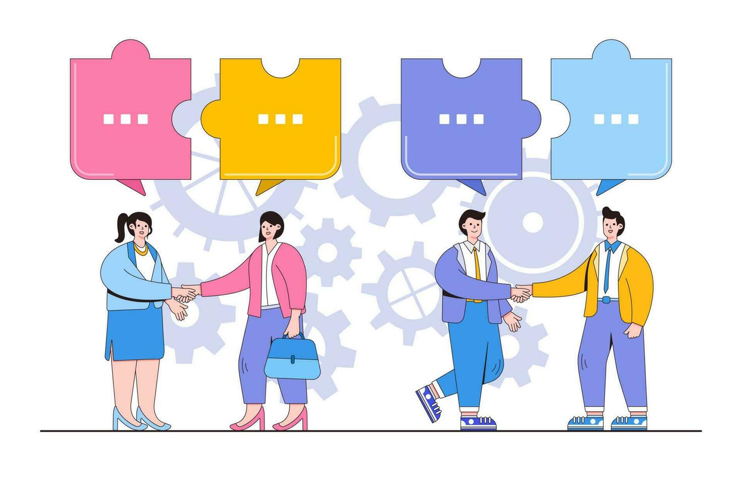 Businessmen and businesswomen discuss social networks, news, social networks, chat, dialogs, puzzle speech bubbles. Outline design style minimal vector illustration for landing page, web banner