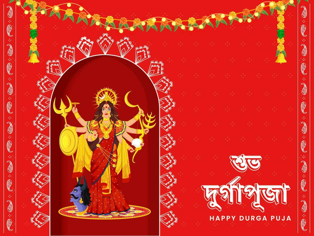 Happy Durga Puja Text Written In Bengali Language With Hindu Mythology Goddess Durga Maa, Lighting And Floral Garland On Red Background. vector