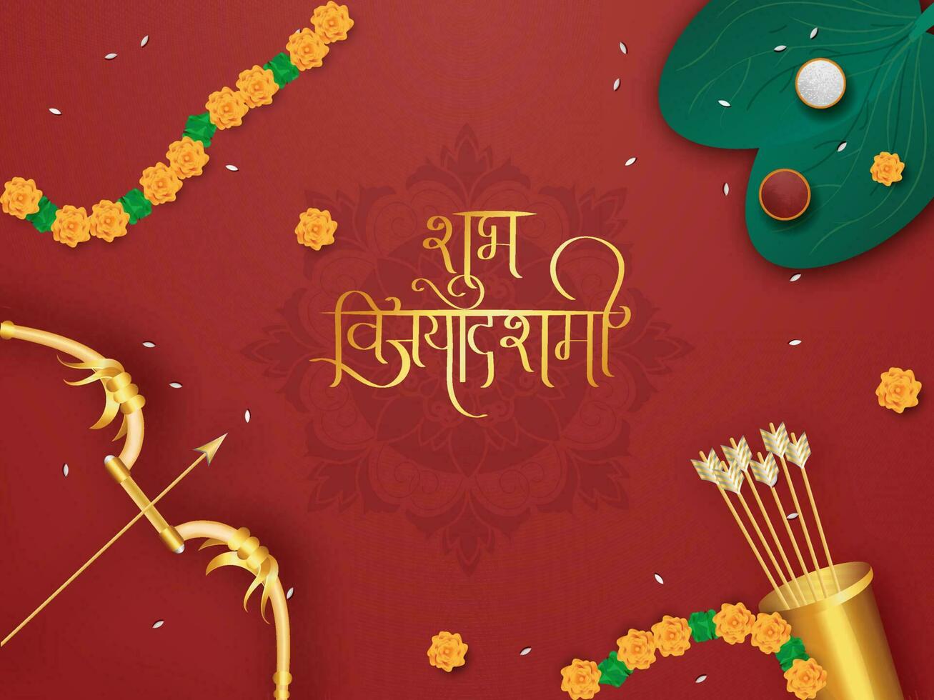 Golden Happy Dussehra Shubh Vijayadashami Hindi Font With Top View Of Realistic Bow Arrow, Quiver, Apta Leaf And Floral Garland On Red Background. vector