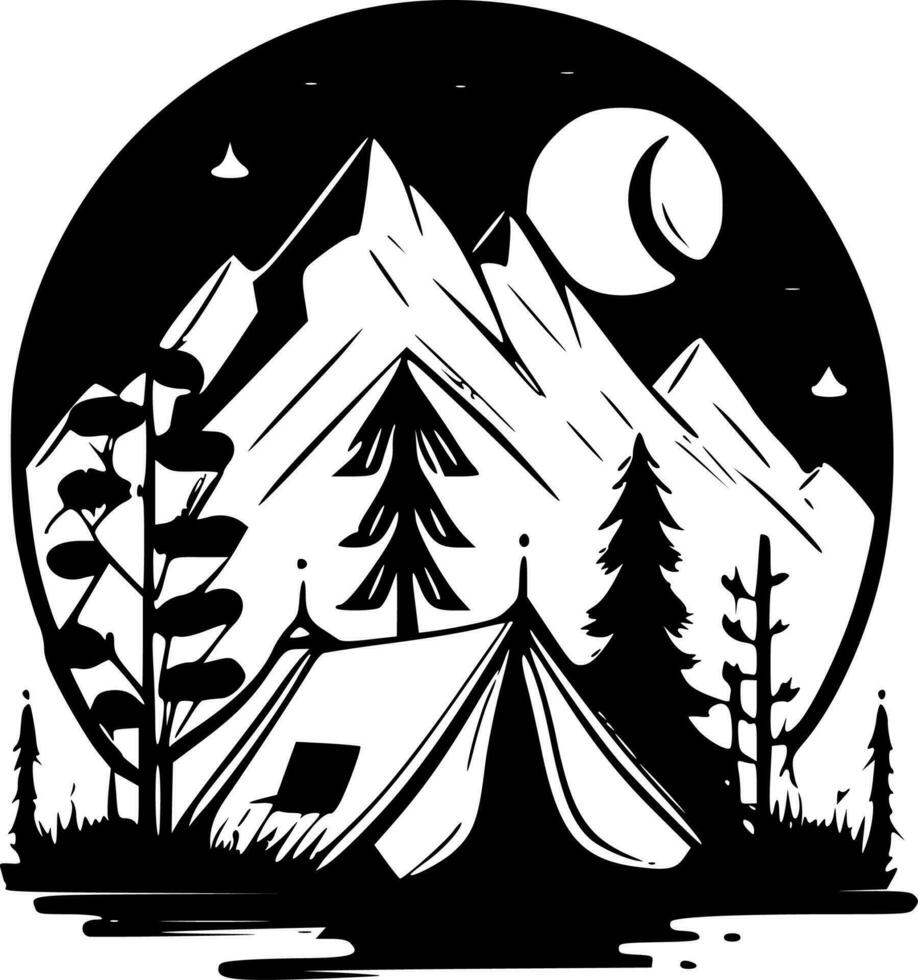 Camping, Black and White Vector illustration