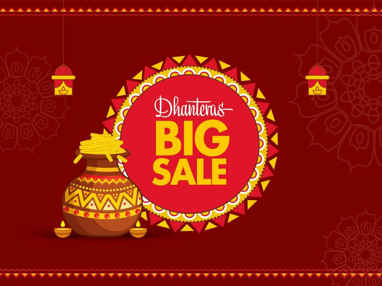 Dhanteras Big Sale Poster Design With Mud Pot Full Of Coins, Lit Oil Lamps And Lamps Hang On Red Background. vector