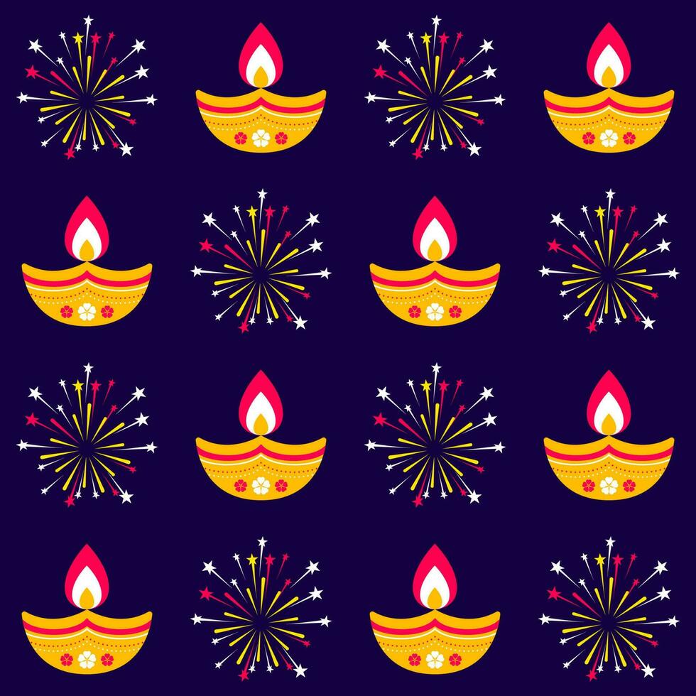 Repeat-less Lit Oil Lamps And Fireworks Pattern Background. vector