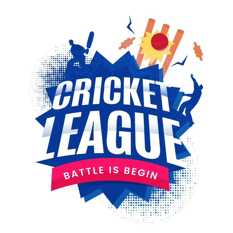 Cricket League Battle Is Begin Concept With Ball Hitting Wicket, Silhouette Cricketer Players On Abstract Blue And White Background. vector