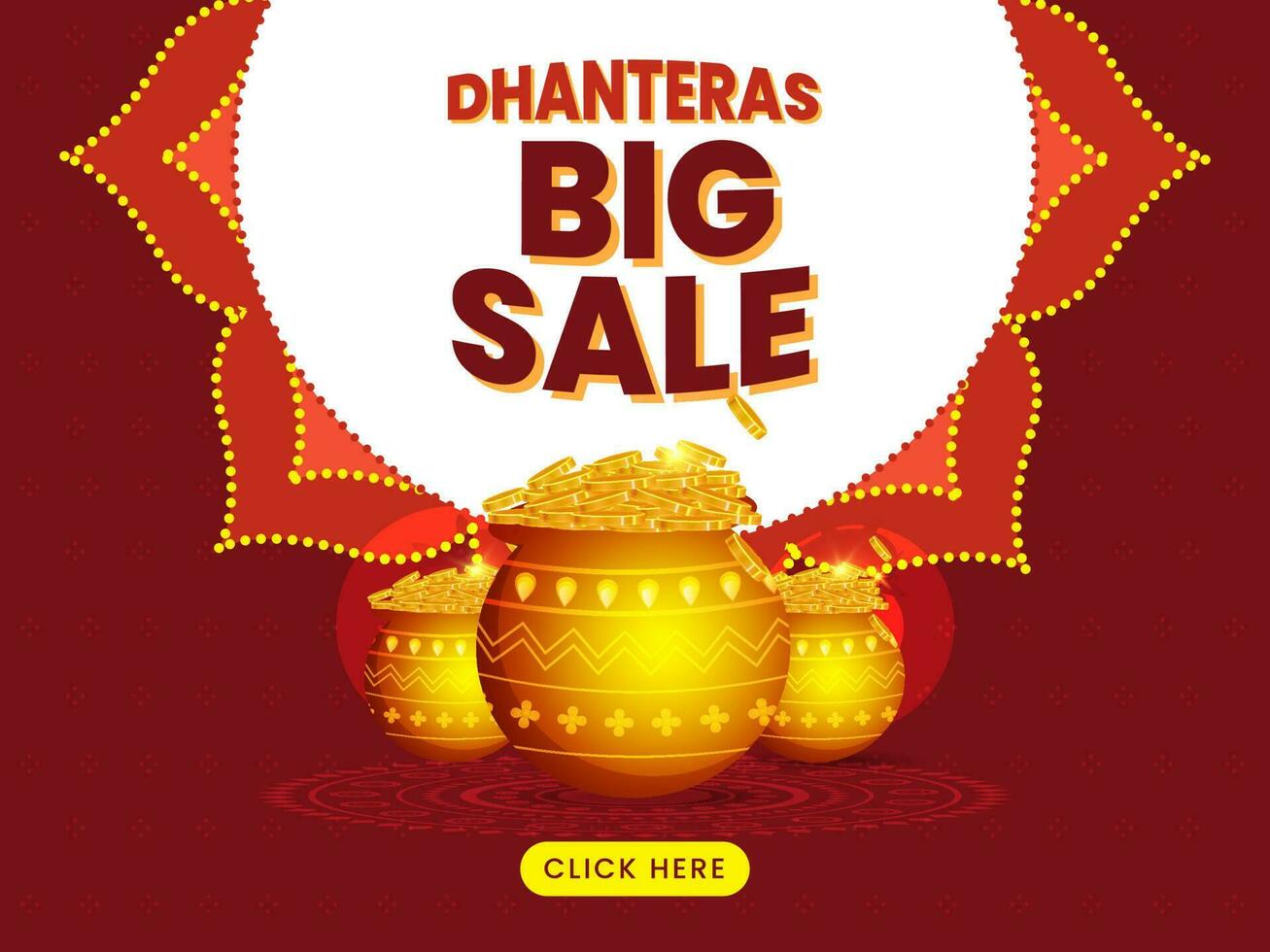 Dhanteras Big Sale Poster Design With Gold Coin Pots On Red Mandala Pattern Background. vector