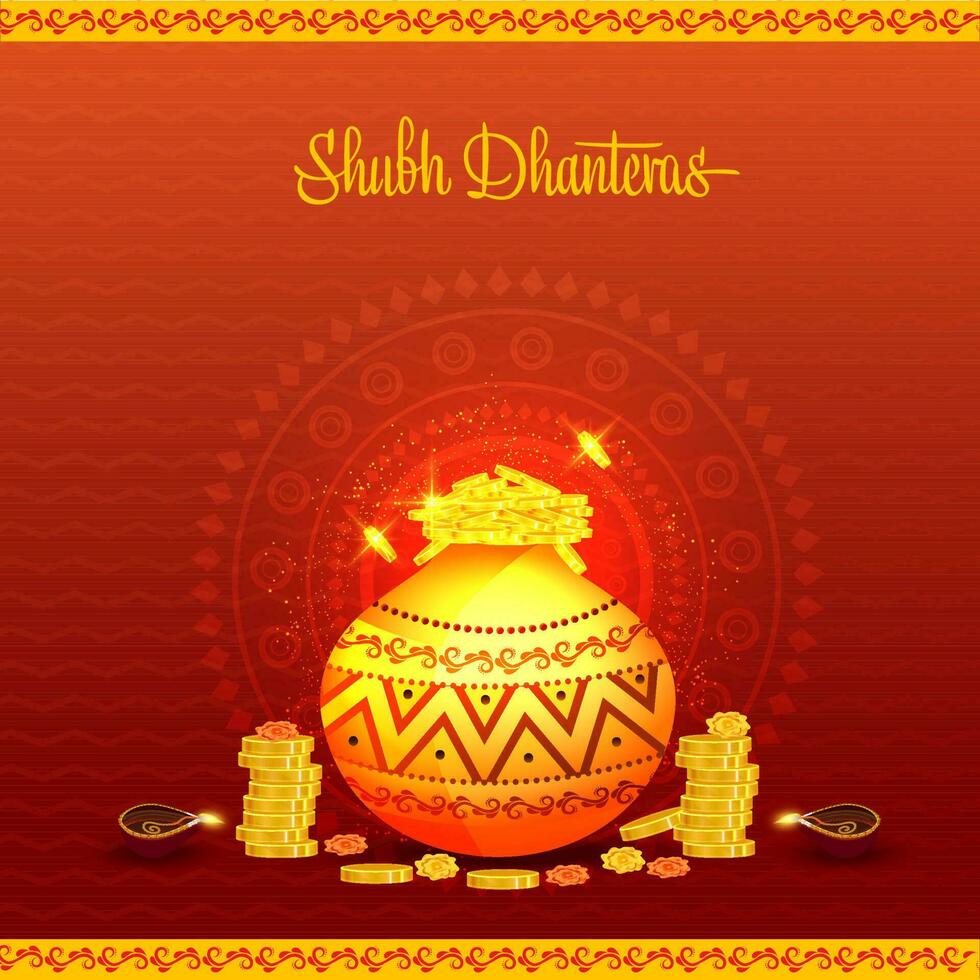 Happy Dhanteras Concept With Gold Coins In Mud Pot, Lit Oil Lamps On Red Zigzag Lines Background. vector