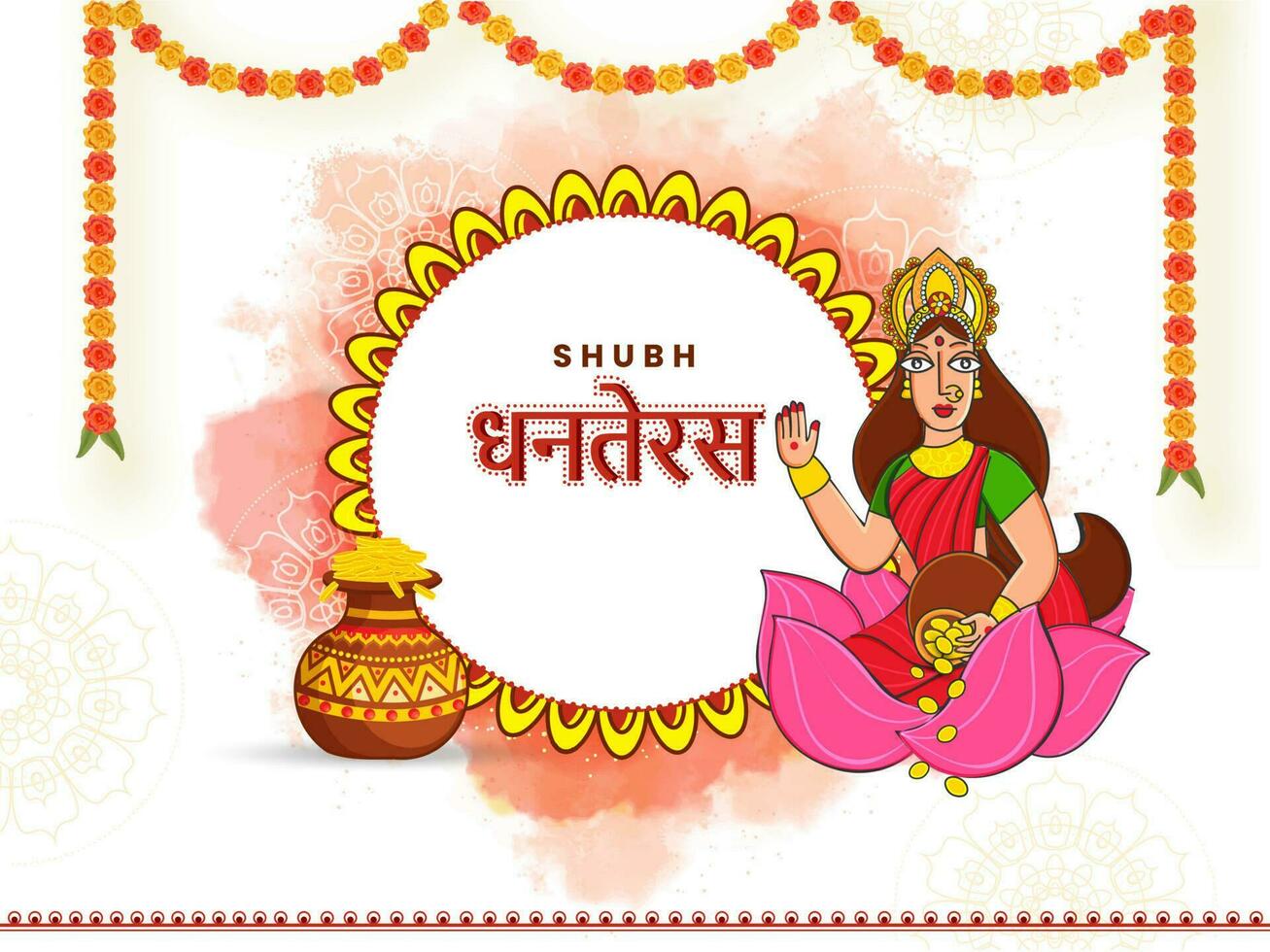 Happy Dhanteras Font With Goddess Lakshmi Maa Over Lotus Flower And Watercolor Effect On White Mandala Background. vector