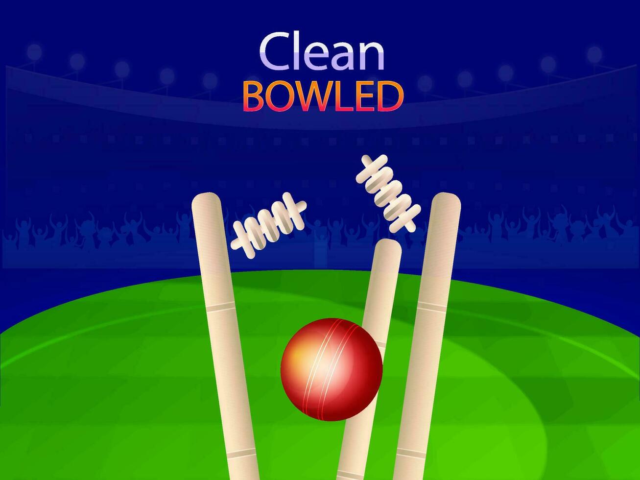 3D Cricket Ball Hitting Wicket Stumps On Blue And Green Playground For Clean Bowled. vector