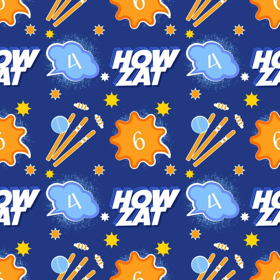 Pop Art Cricket Theme Font With Ball Hits Wicket Stump On Blue Halftone Background. vector