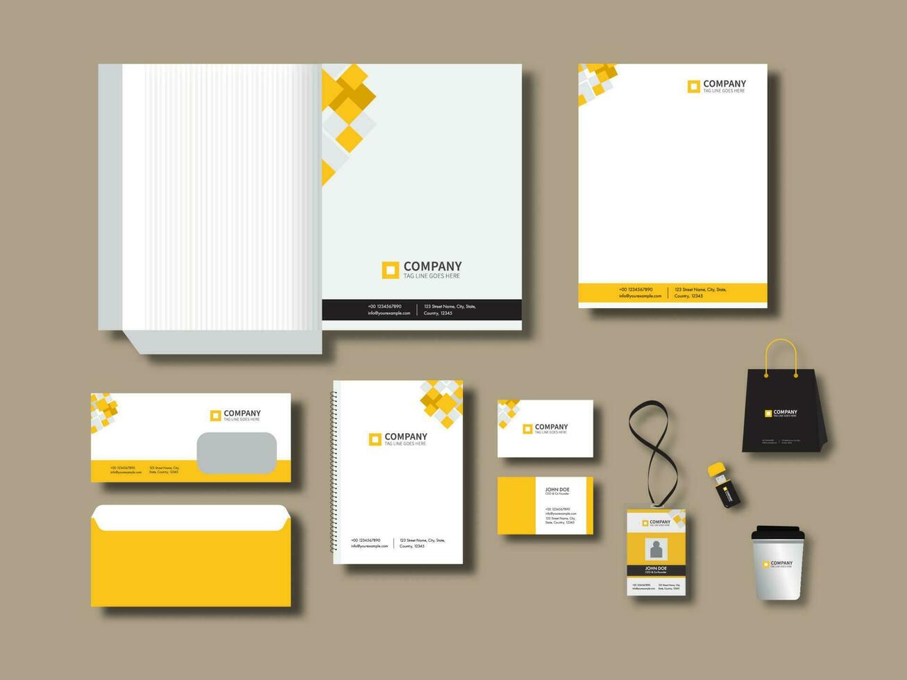 Corporate Identity Kits Including Letterhead, Diary, Visiting, Id Card, Envelope, Flash Drive, Disposable Cup And Carry Bag. vector