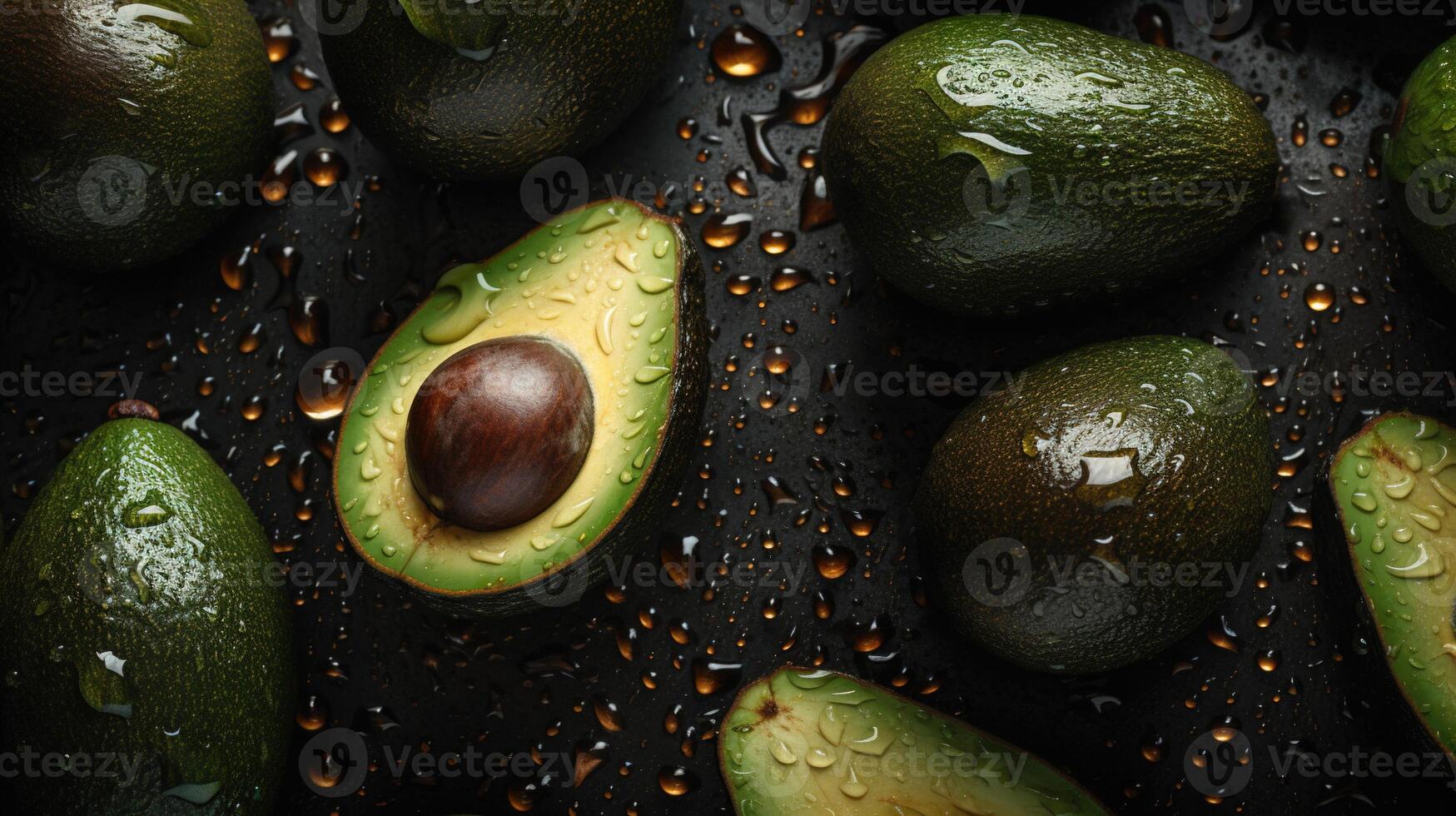 , Macro Fresh Juicy half and whole of green avocado fruit background as pattern. Closeup photo with drops of water