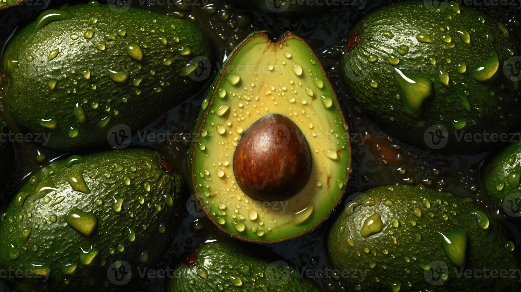 , Macro Fresh Juicy half and whole of green avocado fruit background as pattern. Closeup photo with drops of water