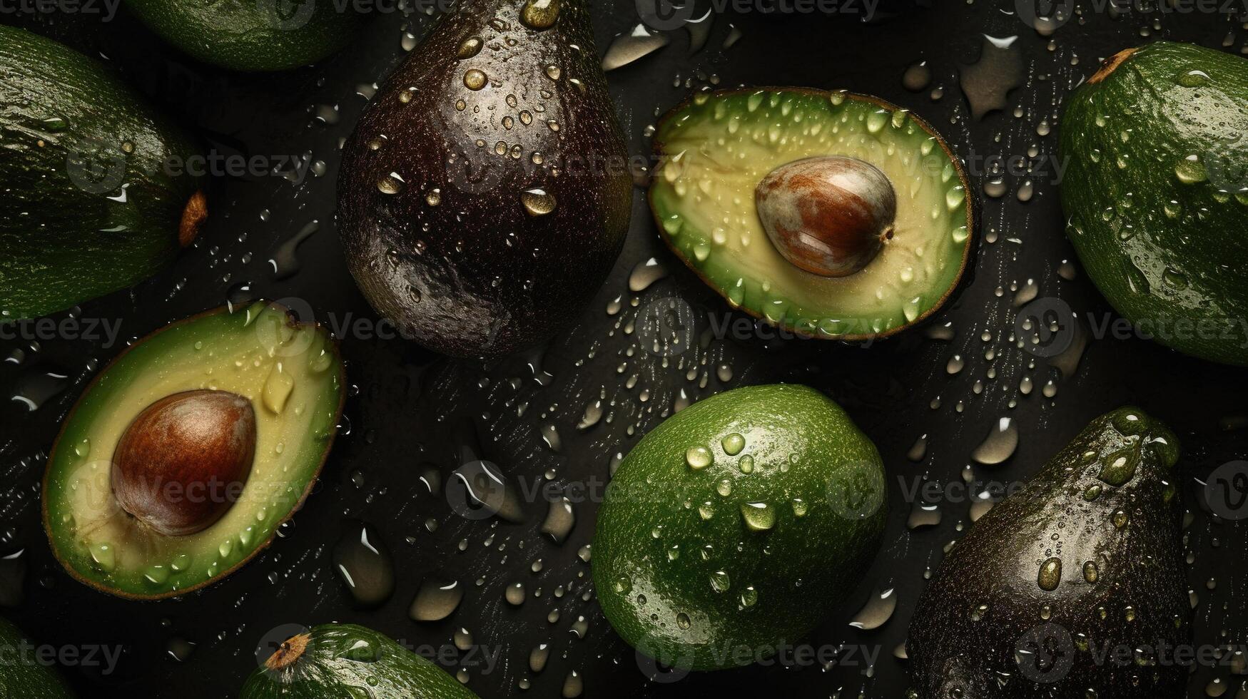 , Macro Fresh Juicy half and whole of green avocado fruit background as pattern. Closeup photo with drops of water