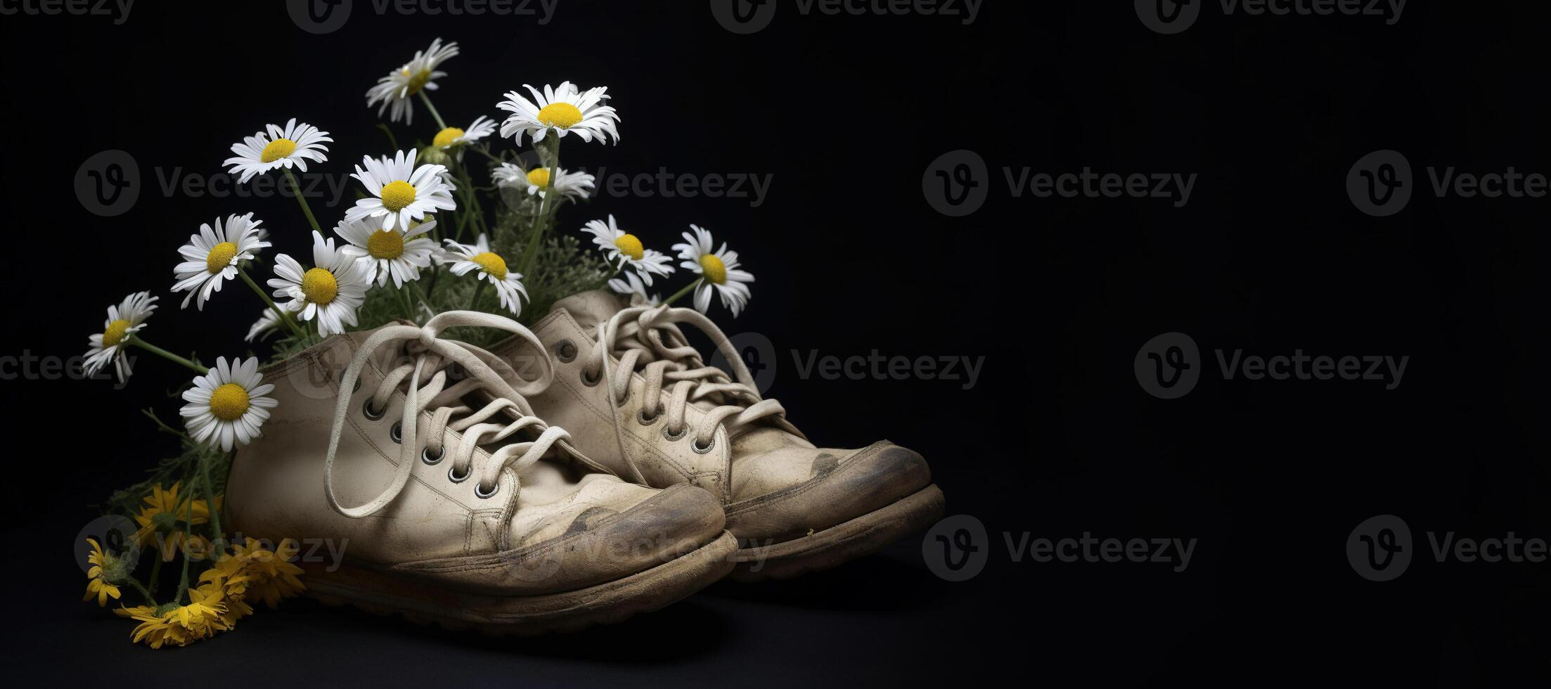 , Old boot with meadow spring flowers, handmade shoe planter. Environmental activism concept photo