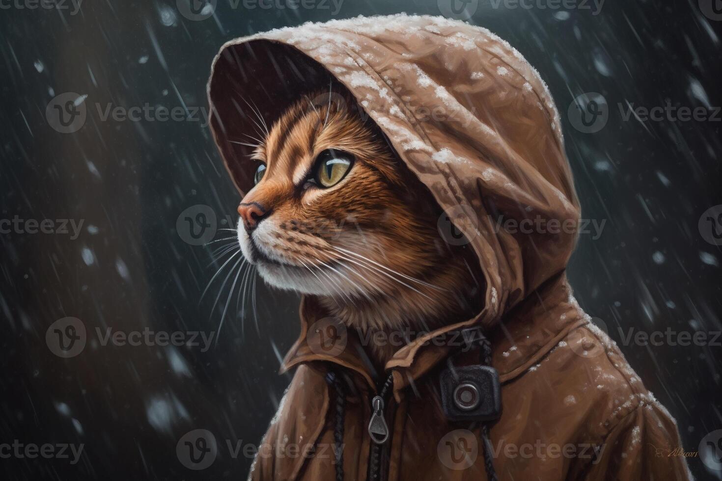 , abyssinian cat adventurer in winter forets. Oil Painting of cute pet, animal wear clothes. photo