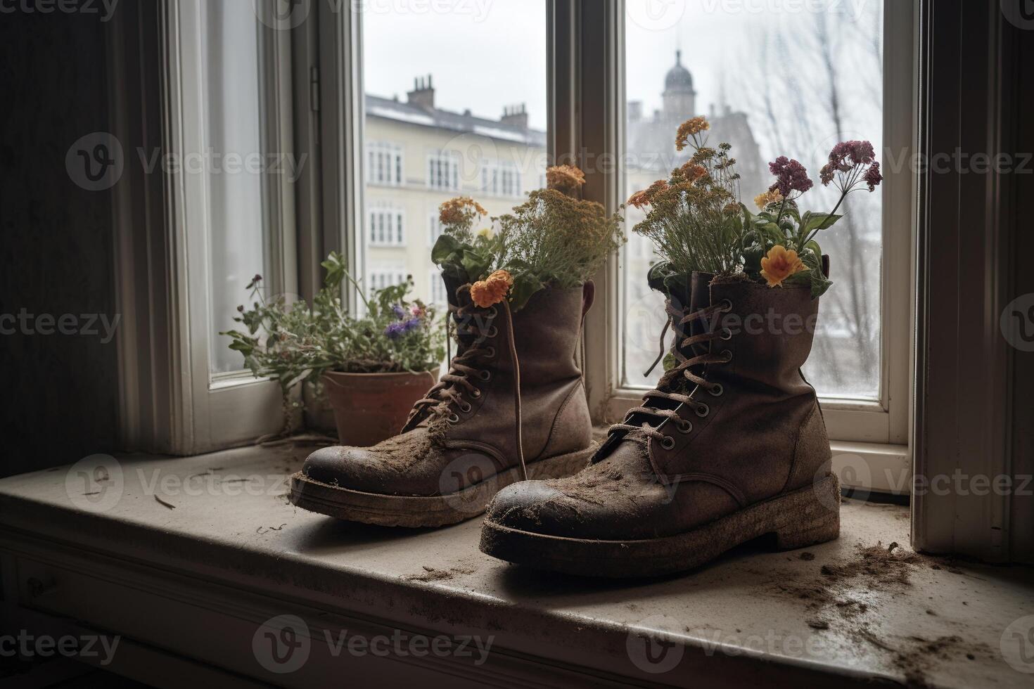 , Old boot with meadow spring flowers, handmade shoe planter. Environmental activism concept photo