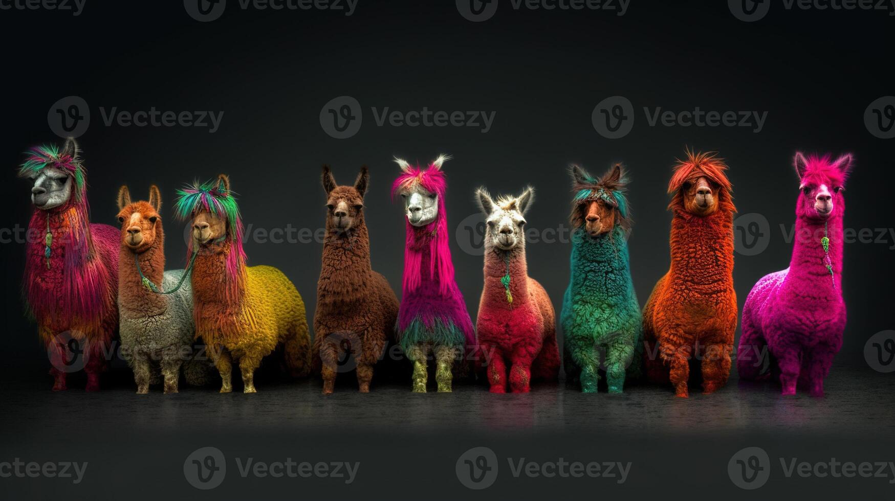 , Group of positive different colors of alpacas or lamas, funny animals. Individuality, independence, think different, creative idea, diversity and inclusive concept. photo