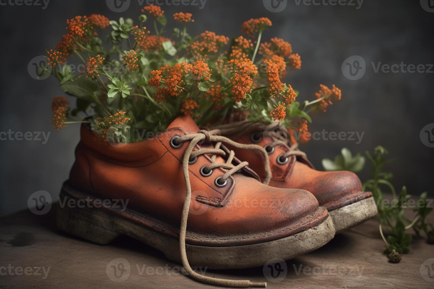 , Old boot with meadow spring flowers, handmade shoe planter. Environmental activism concept photo