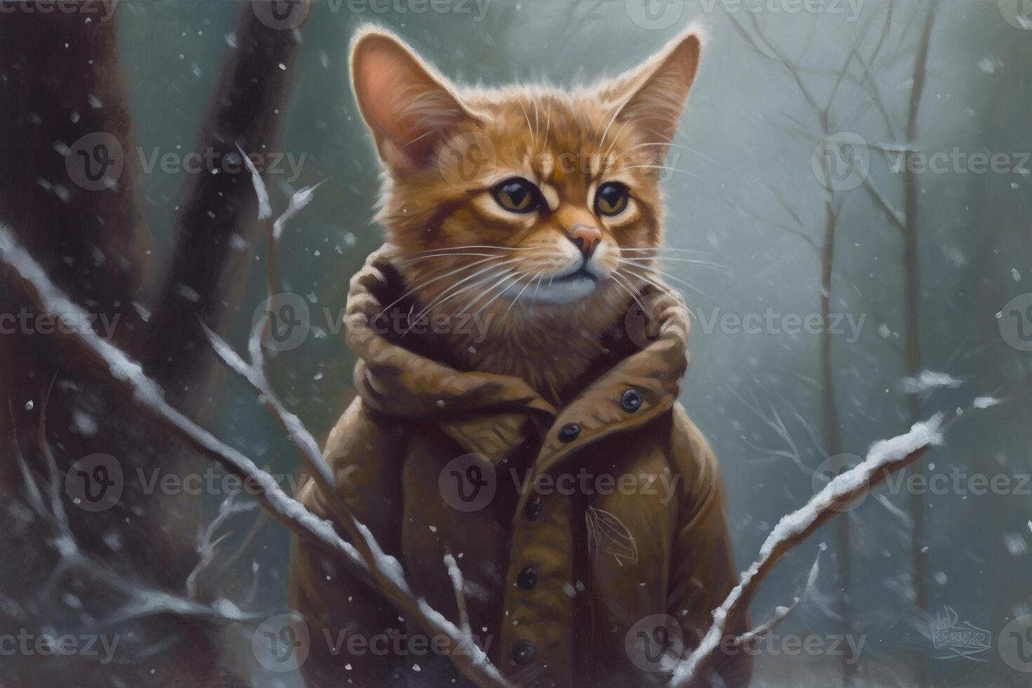 , abyssinian cat adventurer in winter forets. Oil Painting of cute pet, animal wear clothes. photo