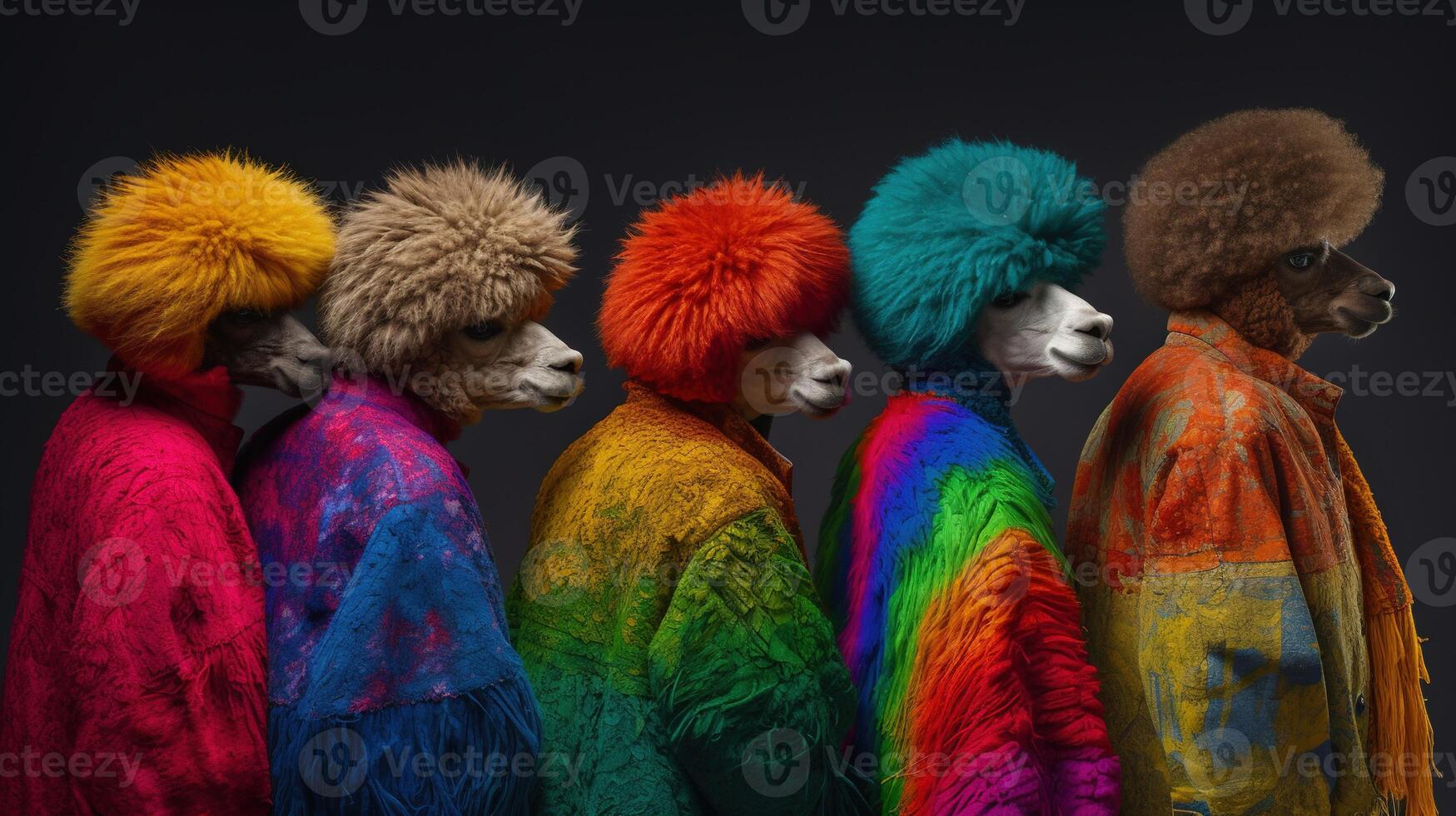 generativo ai, grupo de positivo diferente colores de alpacas o llamas, gracioso animales individualidad, independencia, pensar diferente, creativo idea, diversidad y inclusivo concepto. foto