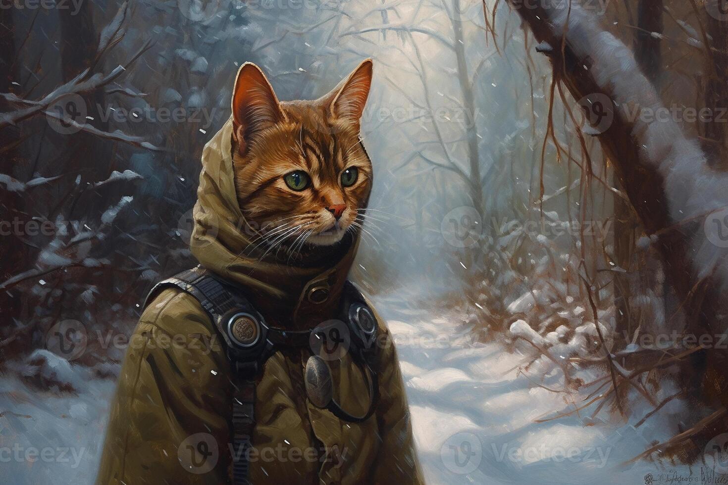 , abyssinian cat adventurer in winter forets. Oil Painting of cute pet, animal wear clothes. photo