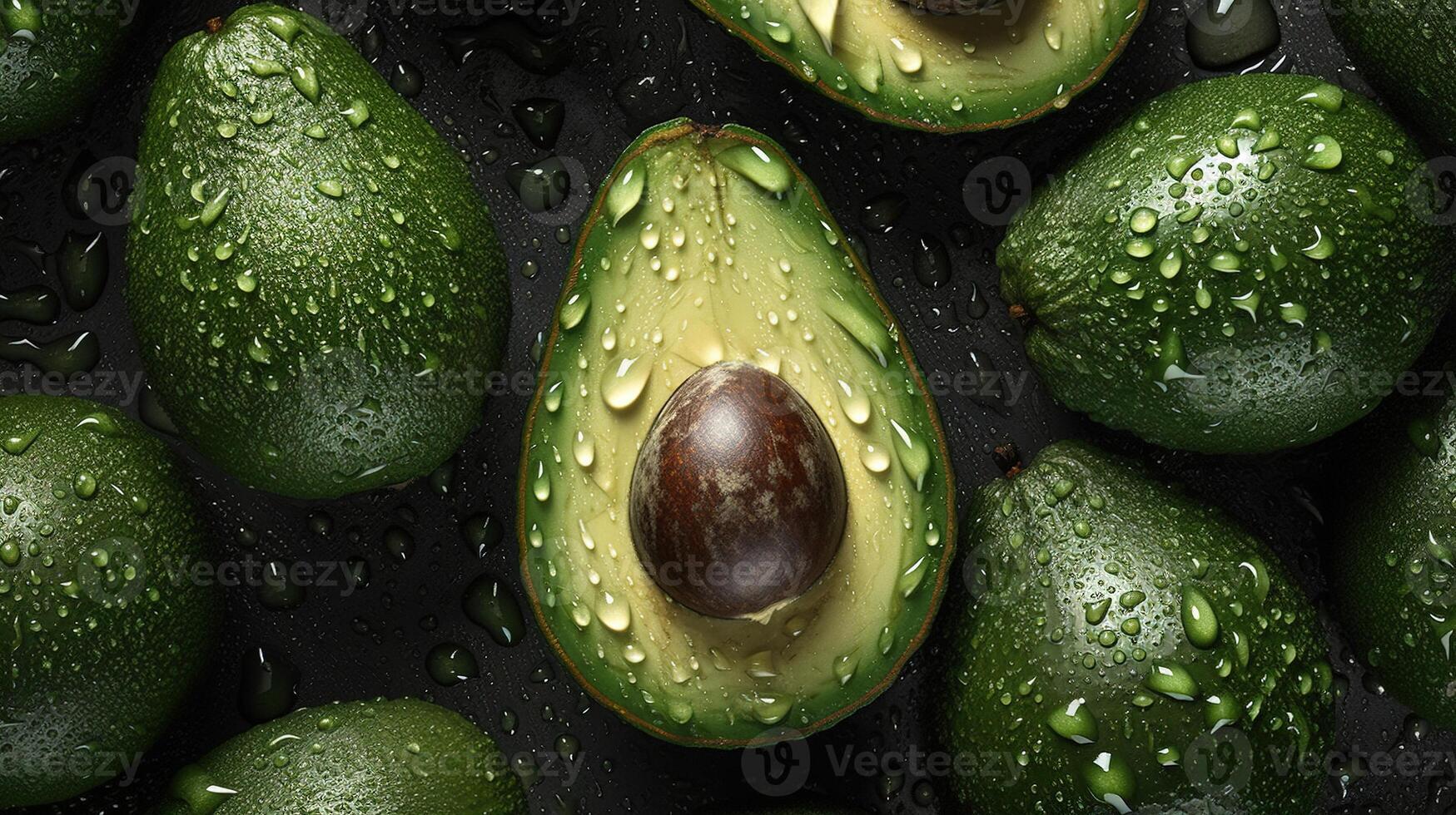 , Macro Fresh Juicy half and whole of green avocado fruit background as pattern. Closeup photo with drops of water