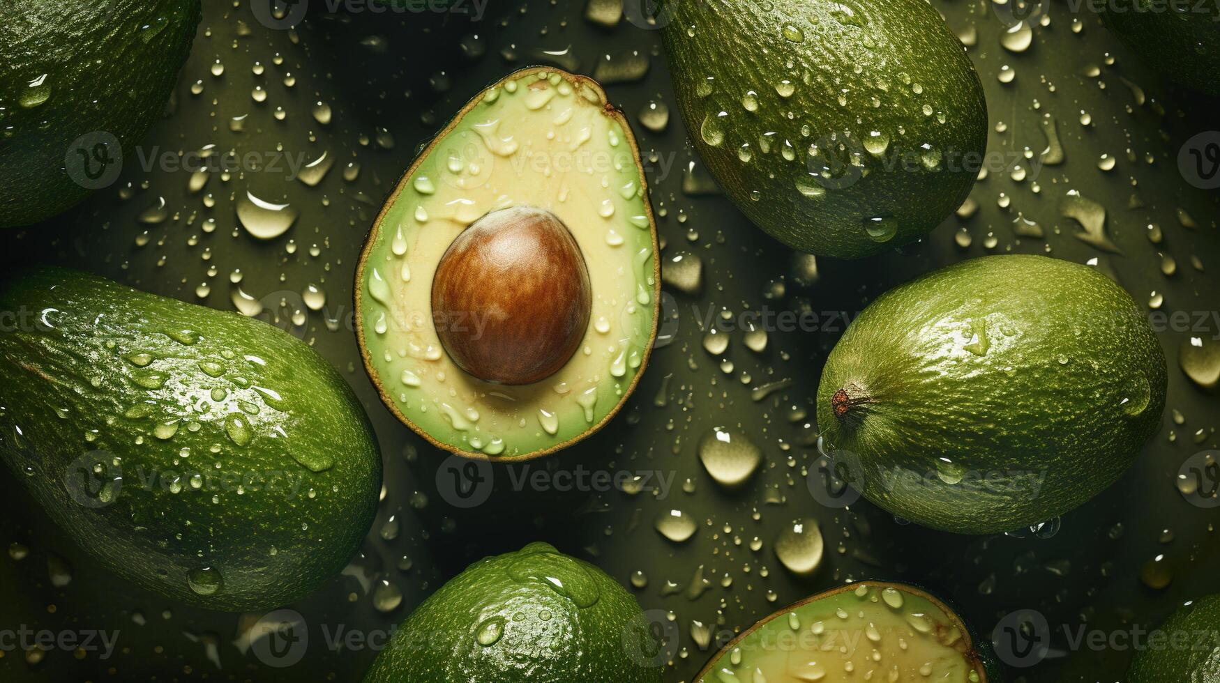 generativo ai, macro Fresco jugoso medio y todo de verde aguacate Fruta antecedentes como modelo. de cerca foto con gotas de agua