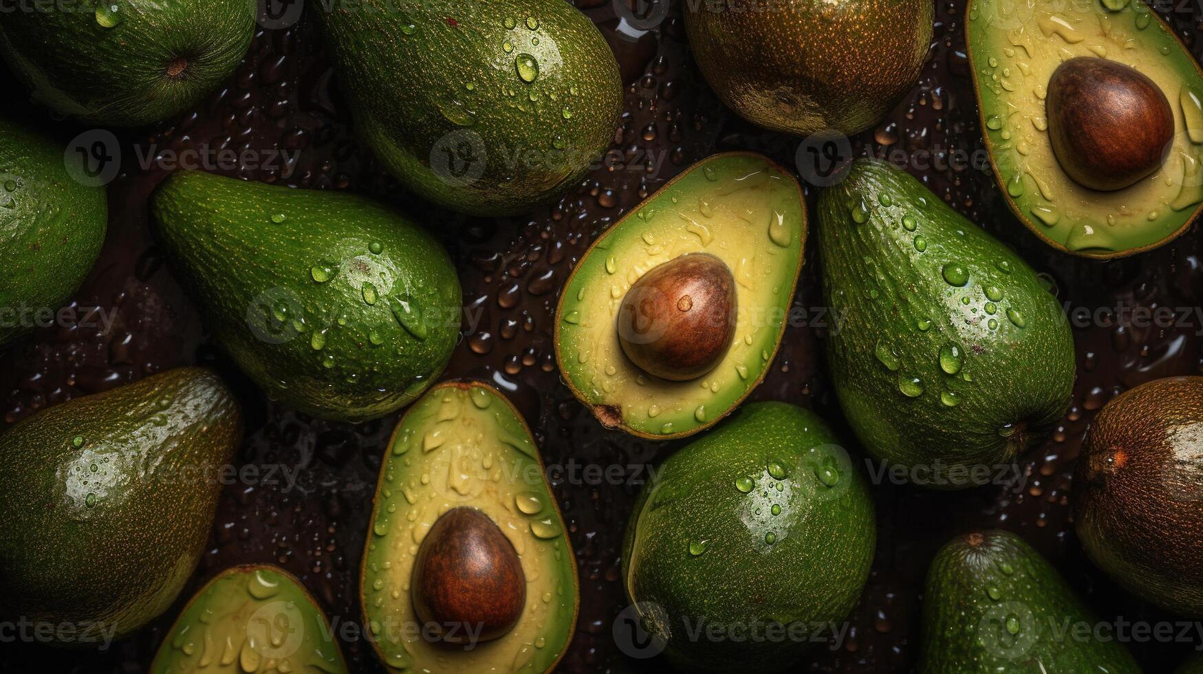 , Macro Fresh Juicy half and whole of green avocado fruit background as pattern. Closeup photo with drops of water